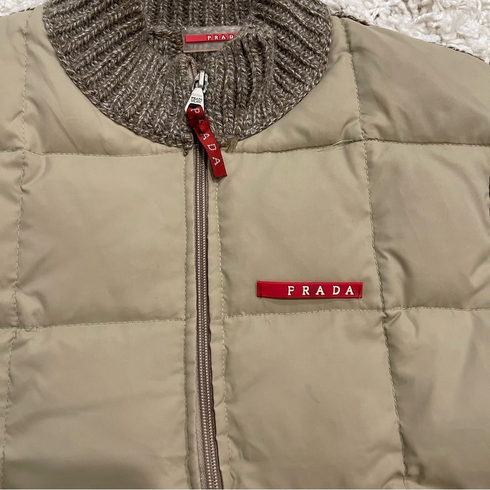 Vintage Prada Taupe Quilted Vest Padded Jacket with Knit Wool Collar and Back